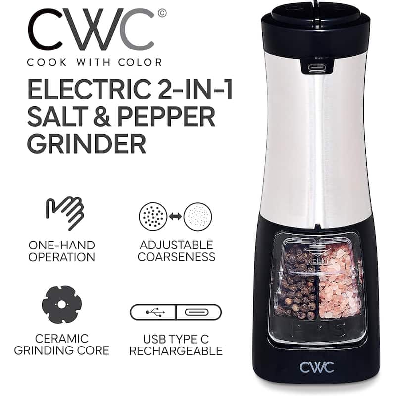 COOK WITH COLOR 2-in-1 Rechargeable Salt & Pepper Shaker - 2 Grinders for Salt and Pepper