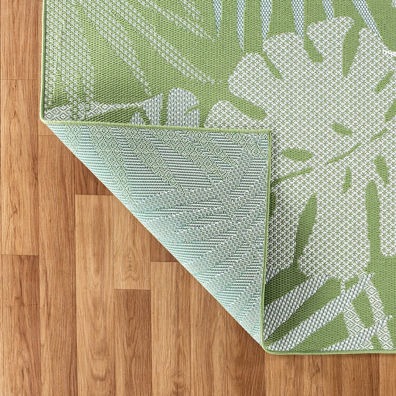 Contemporary Tropical Leaves Indoor/Outdoor Flatweave Waterproof Backyard Patio Area Rug