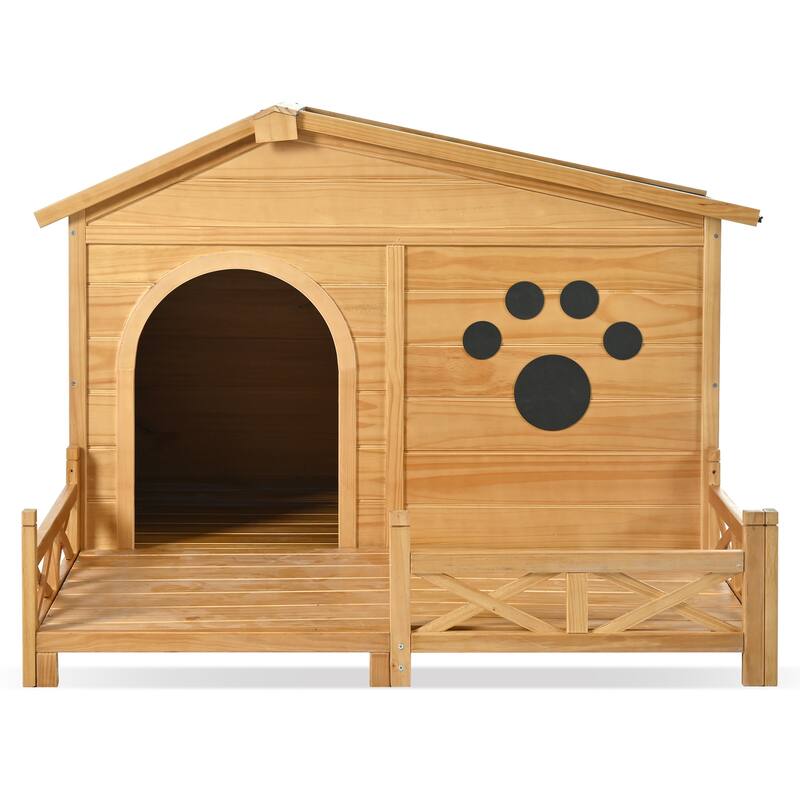 48" Wooden Dog House Outdoor with Porch, Dog Kennel with Water-Resistant Asphalt Roof and Fencing