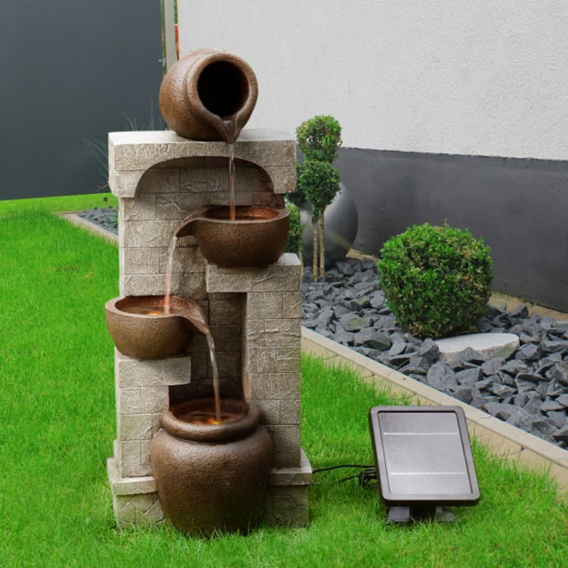 Teamson Home 4-Tier Bowl Solar Waterfall Fountain with Built-In LED Lights - 12"W x 10"L x 28"H