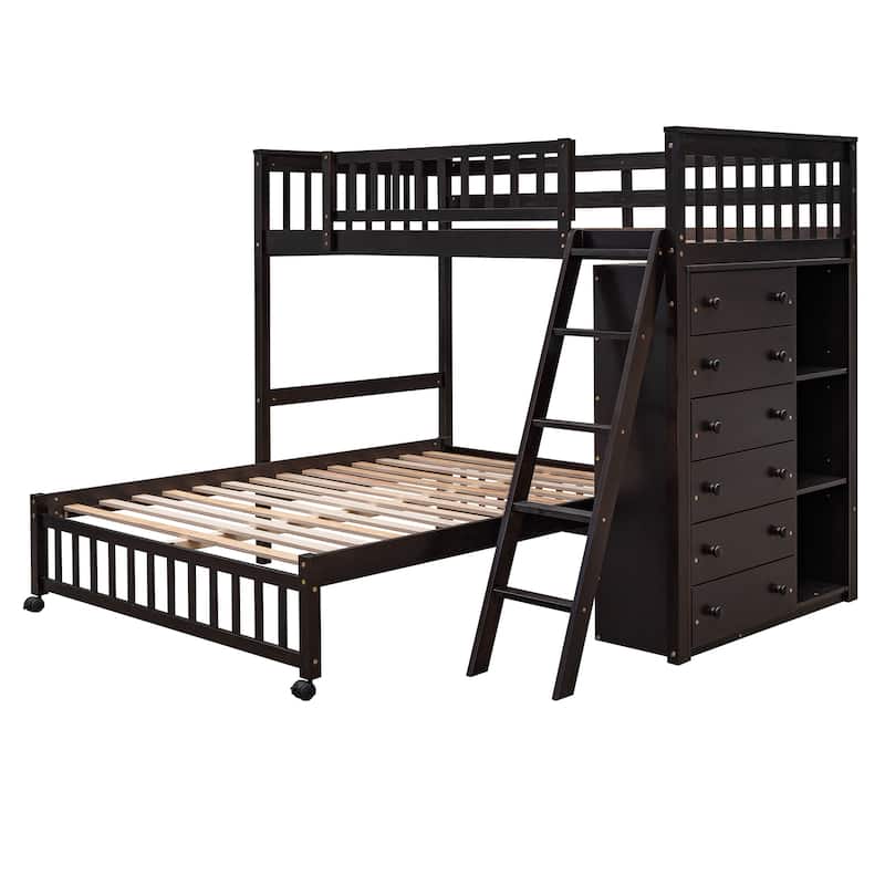 Twin Over Full Bunk Bed with Wheels, 6 Drawers and 3 Shelves