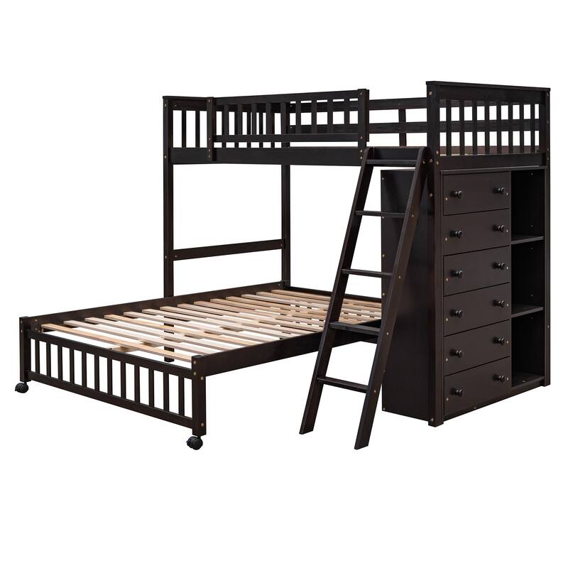 Wooden Twin Over Full Bunk Bed with Storage Drawers and Flexible Shelves - Sturdy Construction, Space-Saving Solution