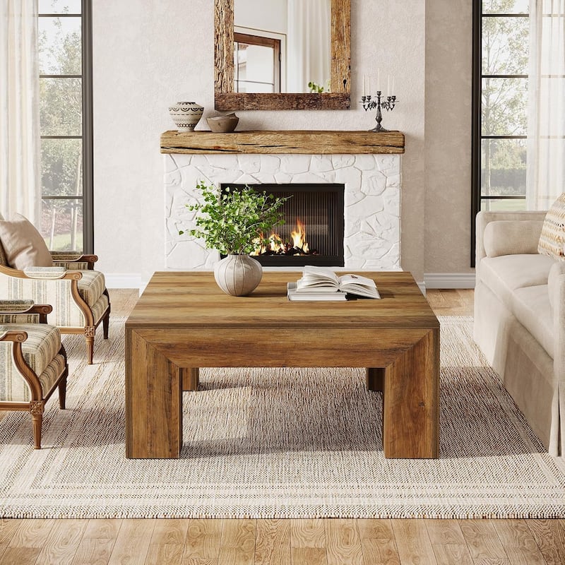 39.37-Inch Farmhouse Square Coffee Table for Living Room, Low Large Center Tea Accent Table