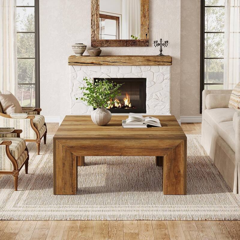 Farmhouse Square Coffee Table for Living Room, 39.37-Inch Low Large Center Tea Accent Table