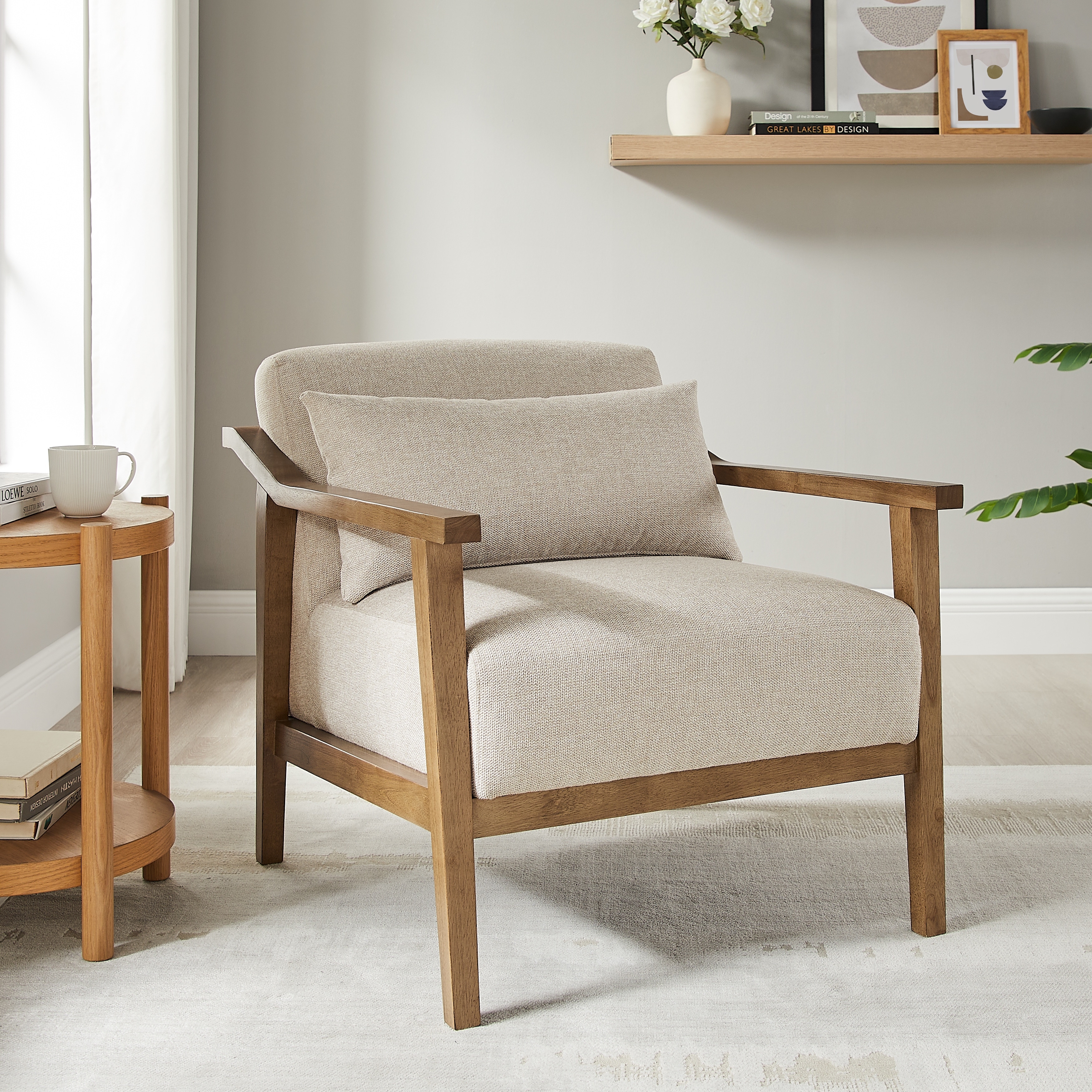 Rhyl Wood Arm Accent Chair with Lumbar Accent Pillow