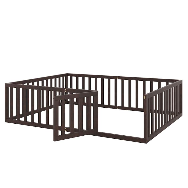Queen Size Wood Floor Bed Frame with Fence and Door