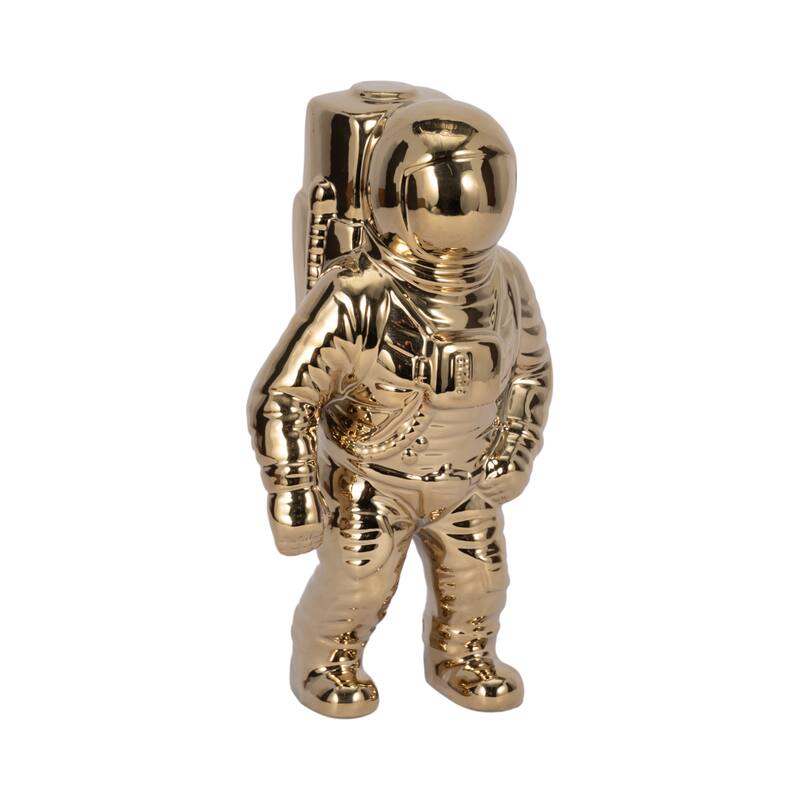 11" Ceramic Astronaut Sculpture Contemporary Modern Metallic Statuette Table Decor For Home or Office Space - 6" x 4" x 11"