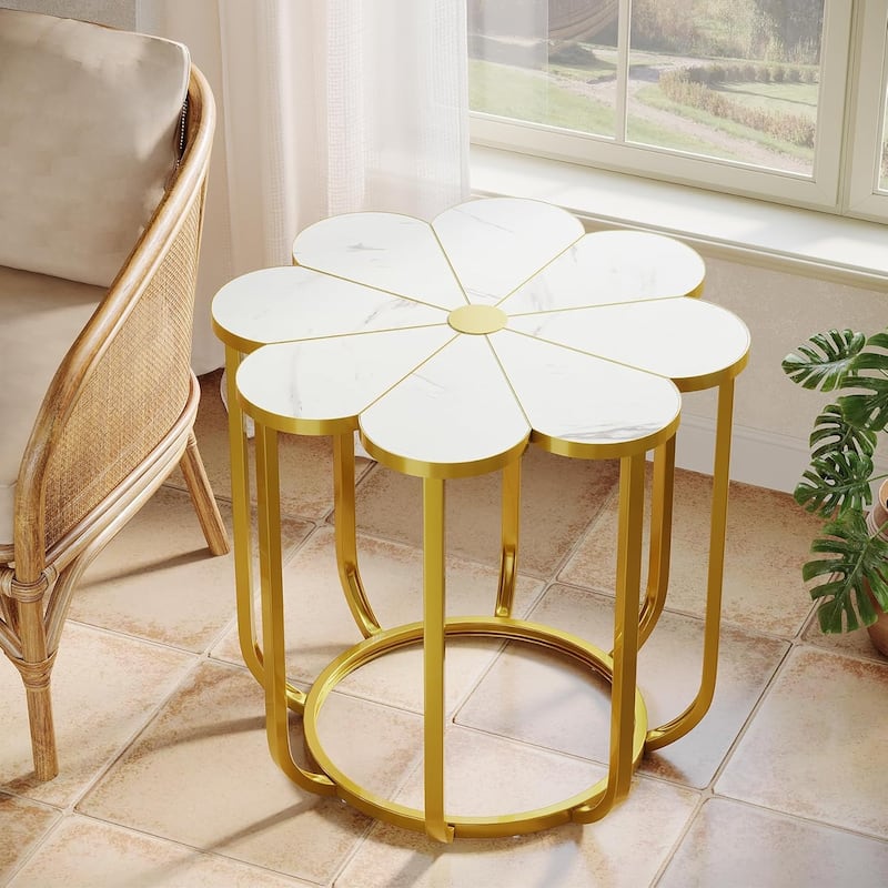 23.62-Inch Flower Side Table, Modern Faux Marble End Table with Gold Metal Frame - White