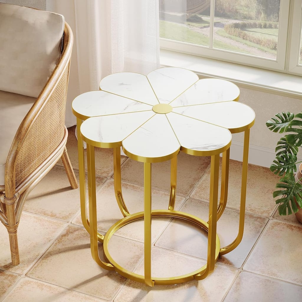 23.62-Inch Flower Side Table, Modern Faux Marble End Table with Gold Metal Frame