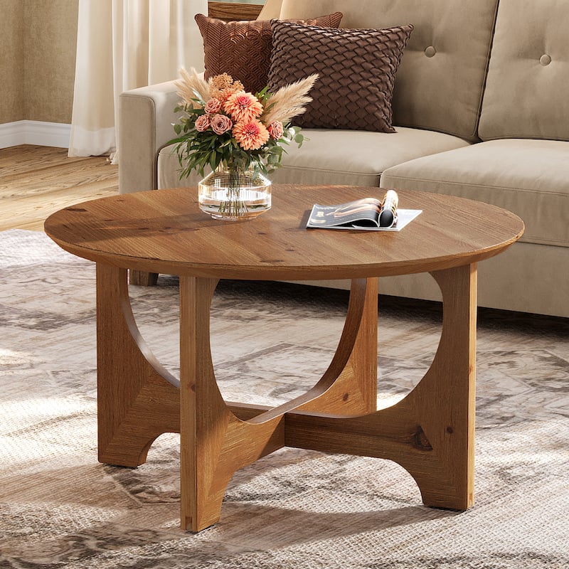 Solid Wood Coffee Table, Farmhouse Round Center Table for Living Room