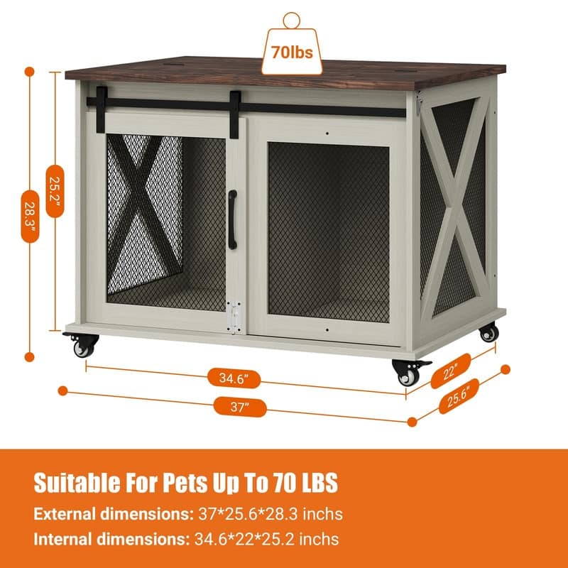 Large Wooden Dog Crate Kennel Furniture Side End Table with Flip Top and Movable Divider