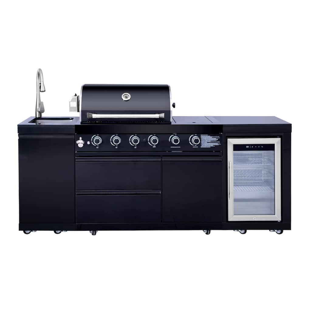 GDFStudio Xaviron Stainless Steel Outdoor Kitchen Island Grill with 4 Burners, Rotisserie and Refrigerator