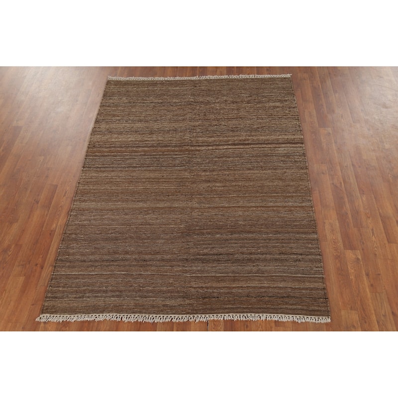 Brown Striped Kilim Persian Area Rug Handmade Wool Carpet - 4'10"x 6'7"