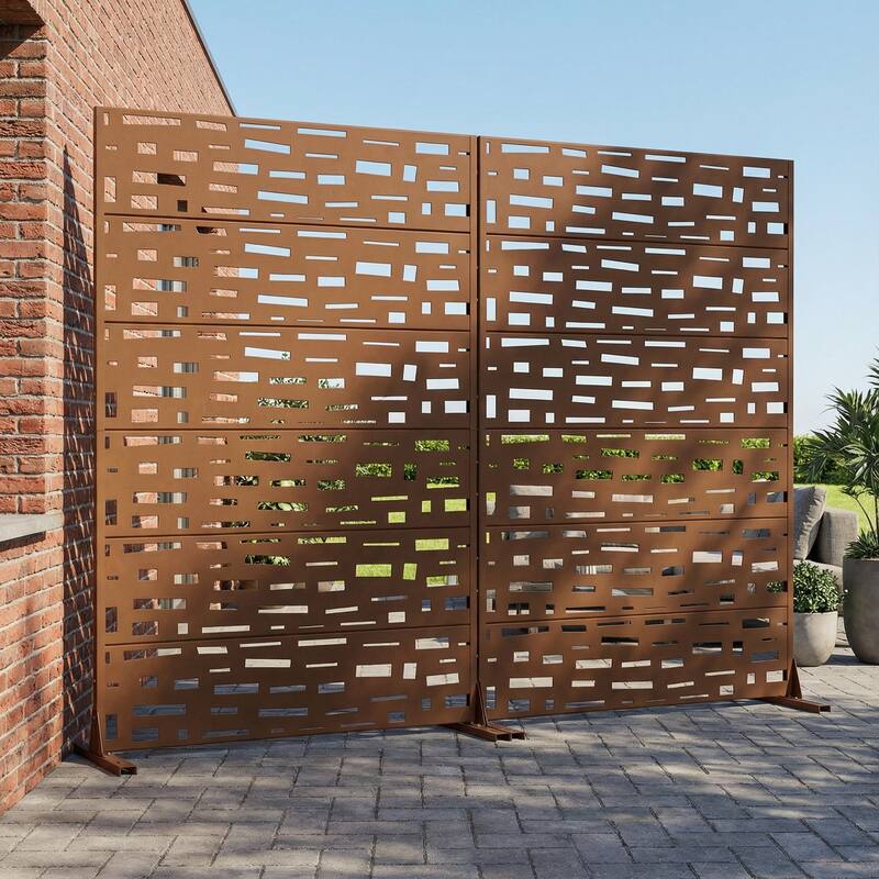 Outdoor Metal Privacy Screen Fence Panel Set of 2 - Brown - 72"x47"