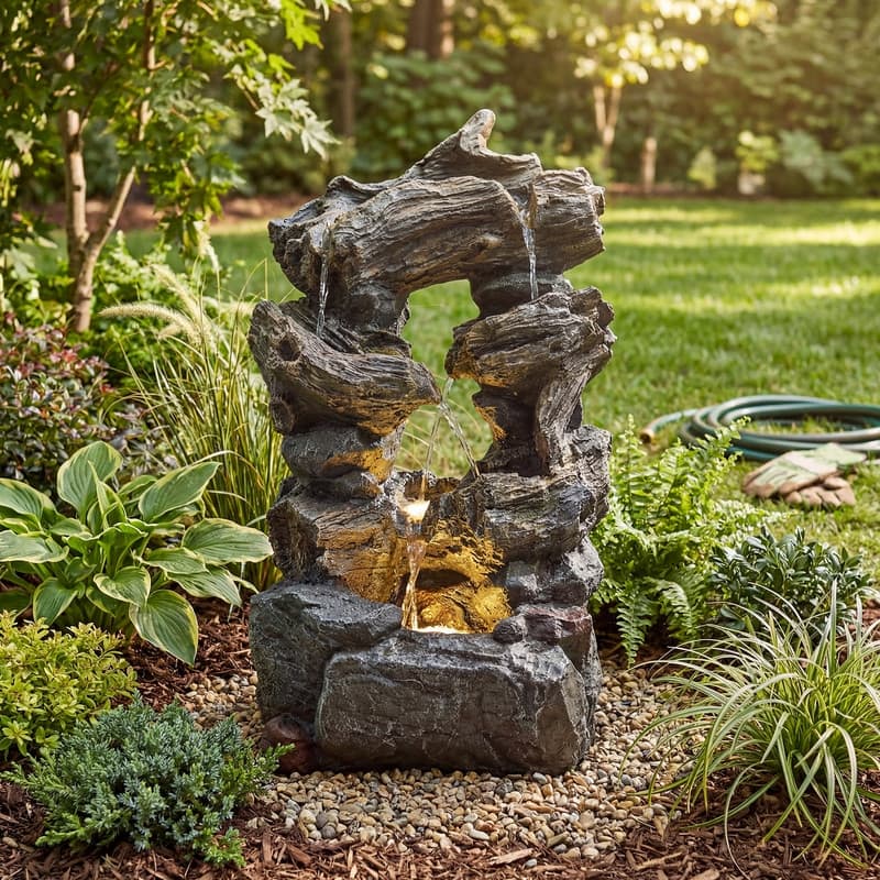 Outdoor 4-Tier Hand Crafted Polyresin Rainforest Wood Weather Resistant Fountain