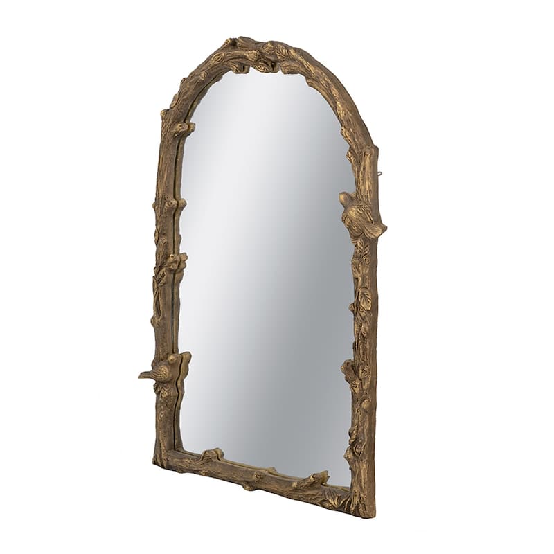 24" x 34" Arched Magnesian Wall Mirror with Gold Botanical and Bird Motifs - Gold