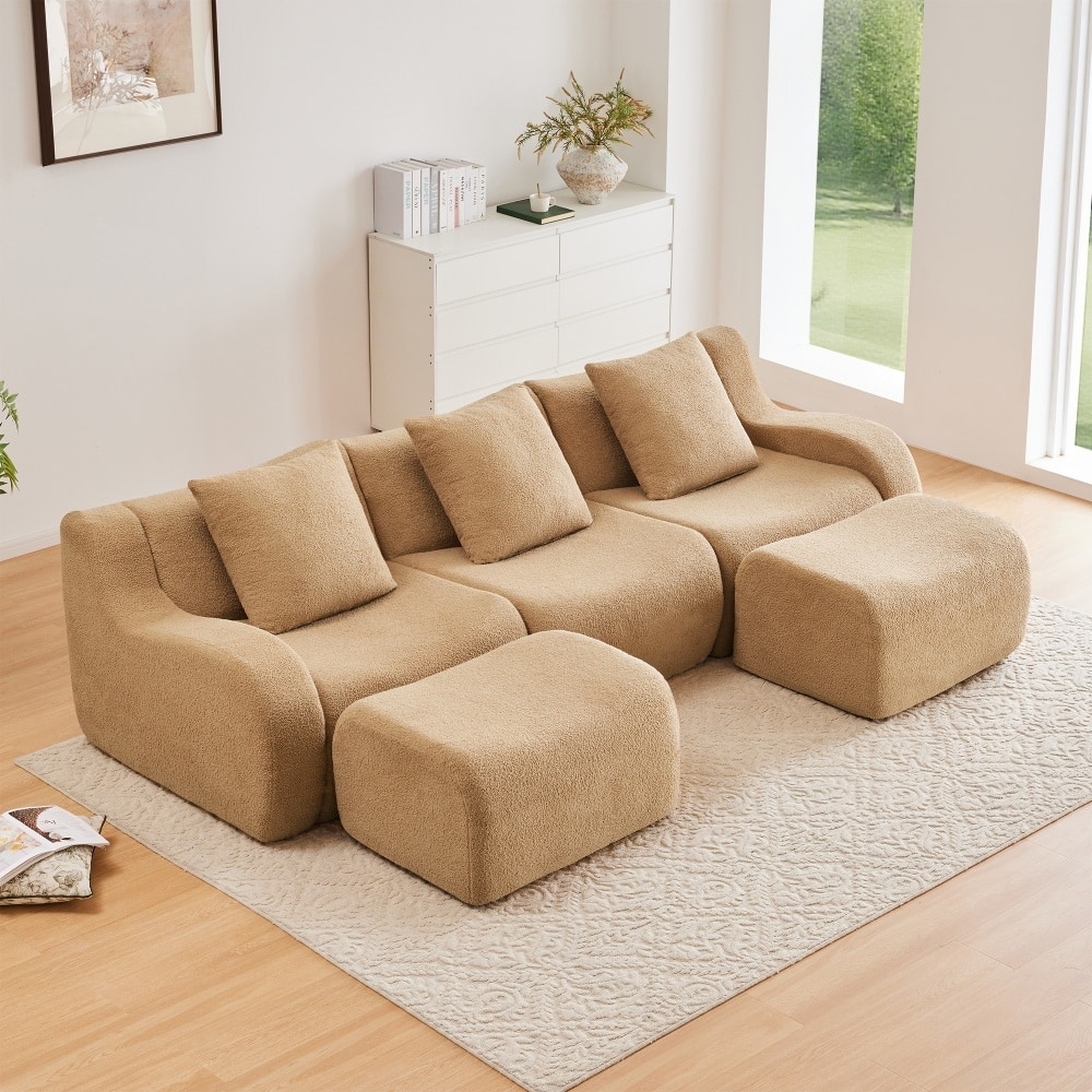 115.3" U-shaped Soft Teddy Fabric Boneless Sectional Sofa for Relaxed