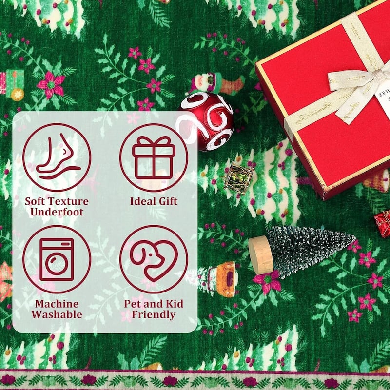 Soft Low Pile Festive Washable Christmas Area Rug for Xmas Holiday Decor, Green