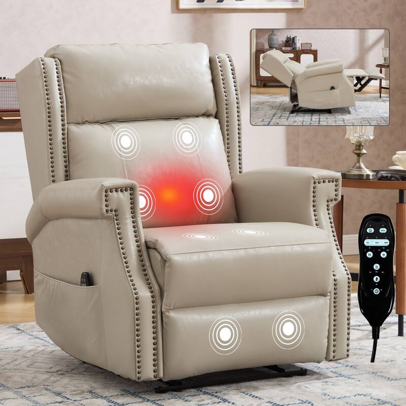 Faux Leather Recliner with 155 Degree Recline and 8 Vibration Nodes - Beige