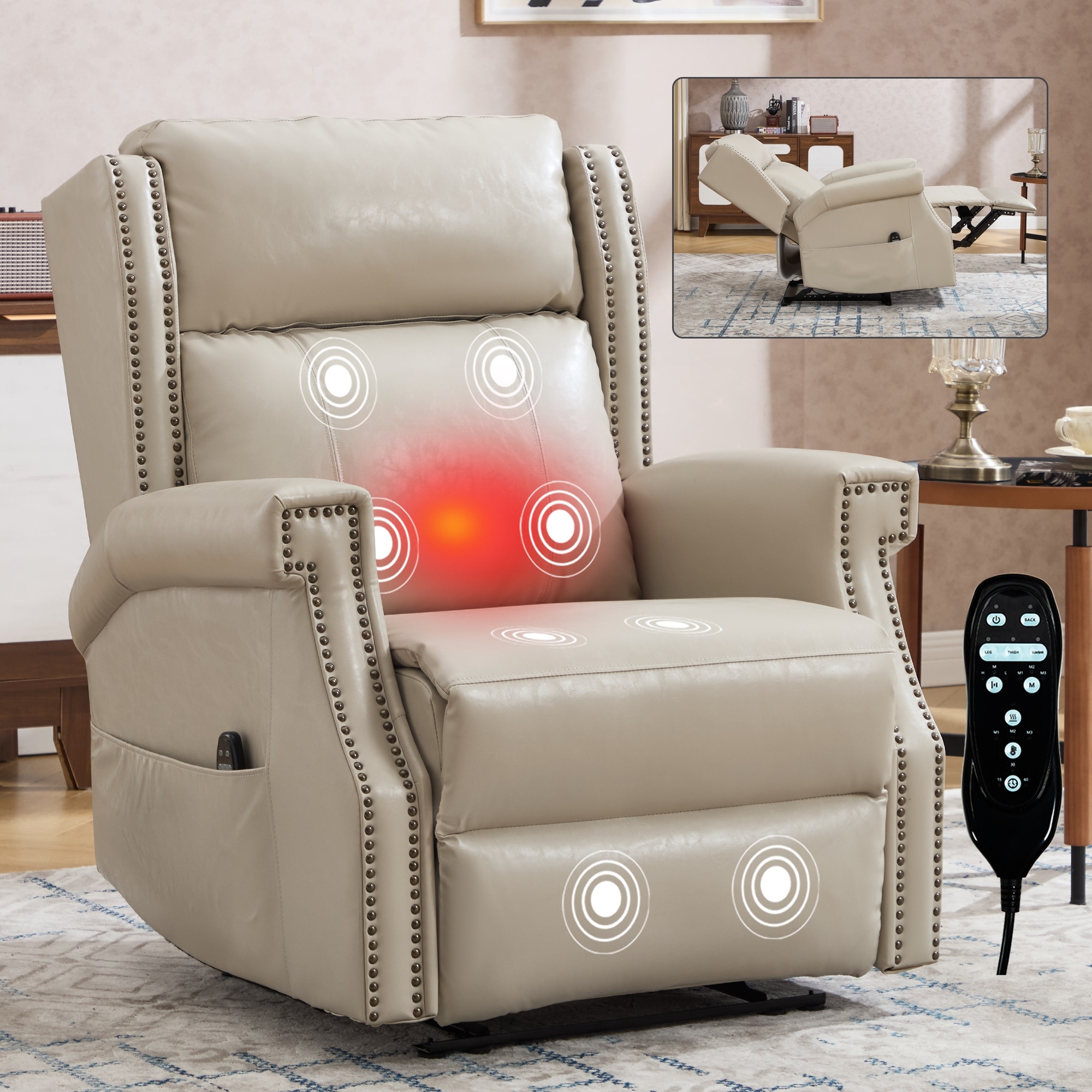 Faux Leather Recliner with 155 Degree Recline and 8 Vibration Nodes