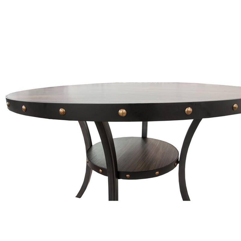 Sie 48 Inch Dining Table, Round Nailhead Trim Top with Shelf, Black Wood