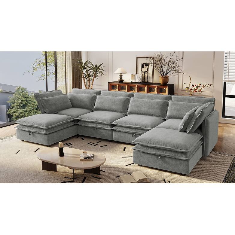 Modern Large U-Shaped Modular Sofa with Movable Storage Ottoman,. Upholstered Deep Seat Sofa with Double-Layer Cushion
