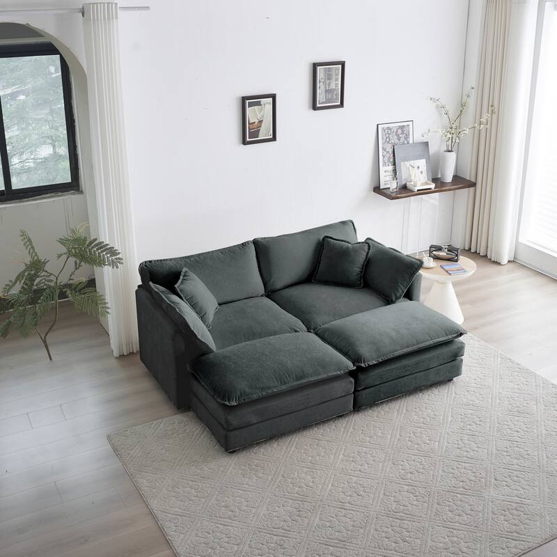 GDFStudio- Jinx Two-Seater Chenille Sofa with 2 Ottomans - Gray