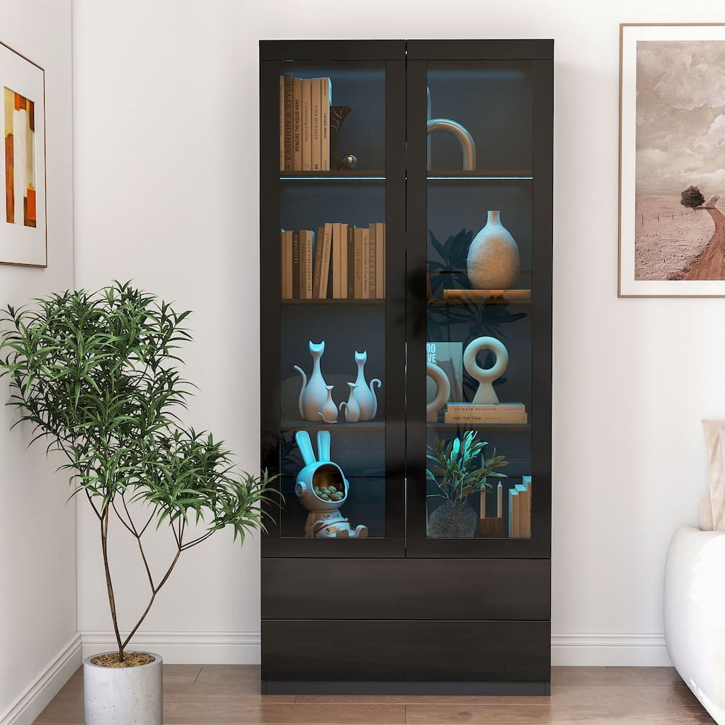 Display Curio Cabinet with Glass Doors, 2-Drawer & LED Lights