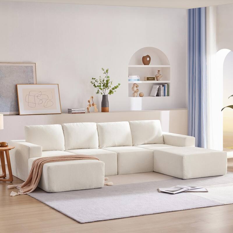Modular U Shaped Sectional Sofa, Cloud Chenille Sectional Couch - Beige