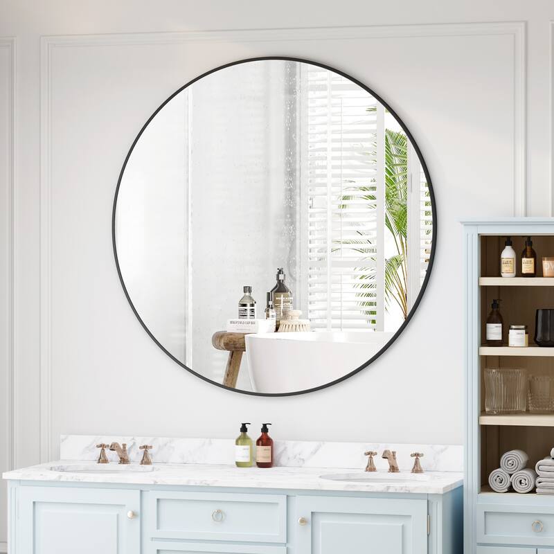 Circular Wall Decor Mirror with Metal Framed - 42" - Black