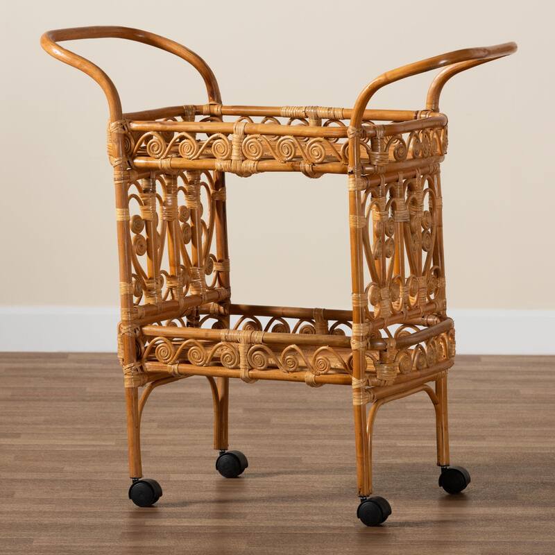 Diwata Modern Bohemian Natural Brown Rattan Kitchen Cart