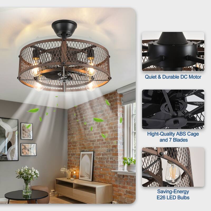 20-26" Caged outdoor Ceiling Fan with Light: Remote App Control-Farmhouse Fandelier Flush Mount Fixture Reversible 6 Speed Timer