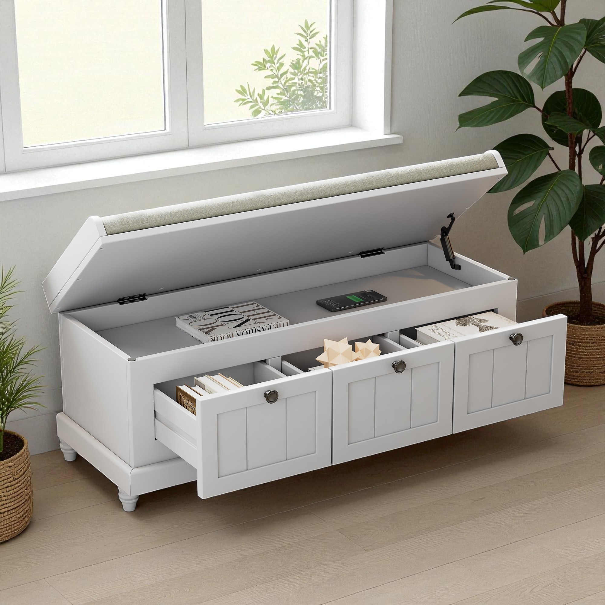 44.1" Storage Living Bench with Cushion, 3 Drawers and Hidden Compartment, Upholstered Entryway Bench for Hallway or Bedroom