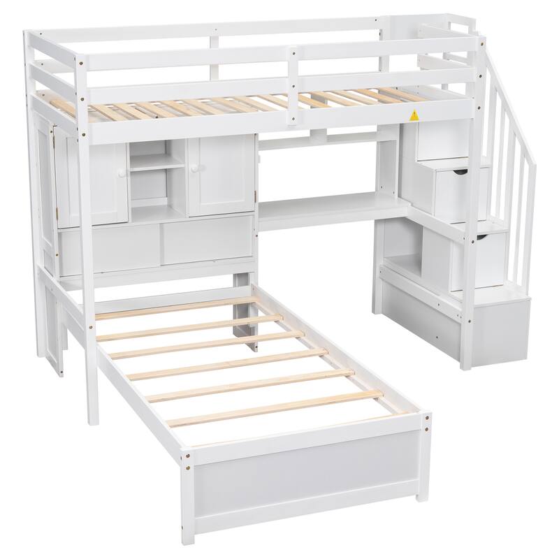 Twin over Twin Loft Bed L-Shaped Bunk Bed with Desk and Storage Shelf, Storage Stairs, Double Door Storage Headboard