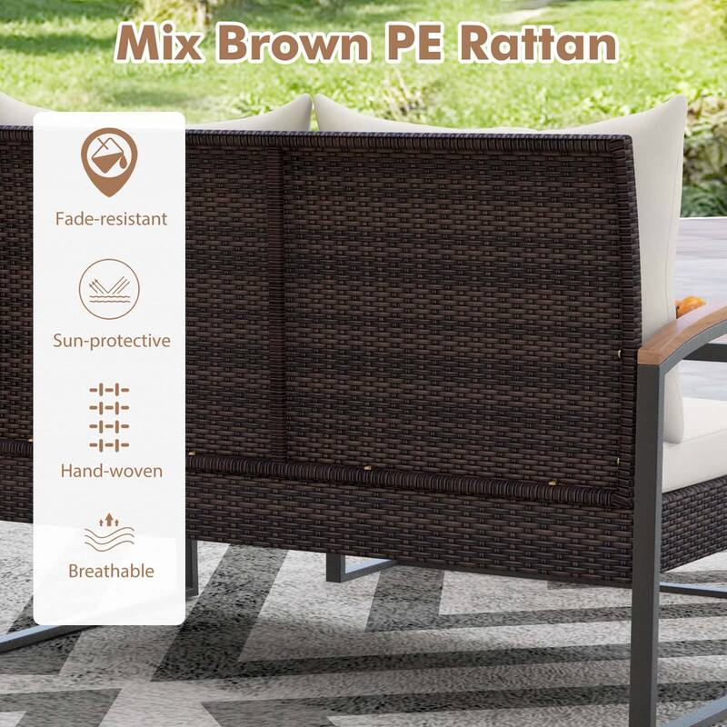 Gymax Set of 2 PE Wicker Furniture Set Loveseat w/ Acacia Wood Coffee