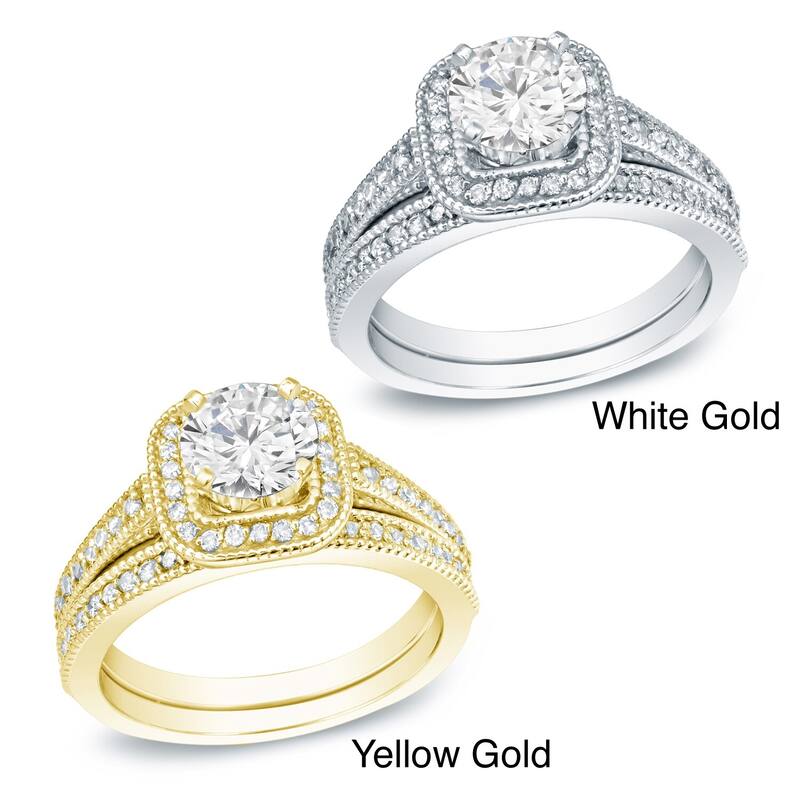Auriya 14k Gold 1ctw Vintage Halo Diamond Engagement Ring Set