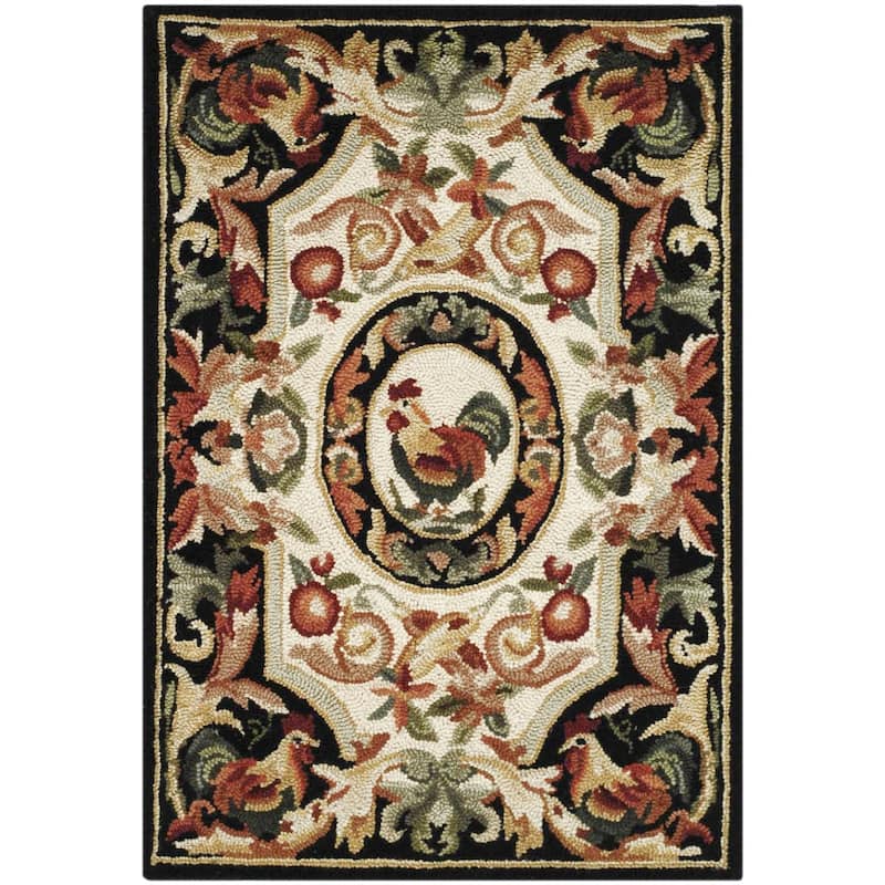 SAFAVIEH Handmade Chelsea Anni French Country Rooster Wool Rug - 1'8" x 2'6" - Ivory/Black