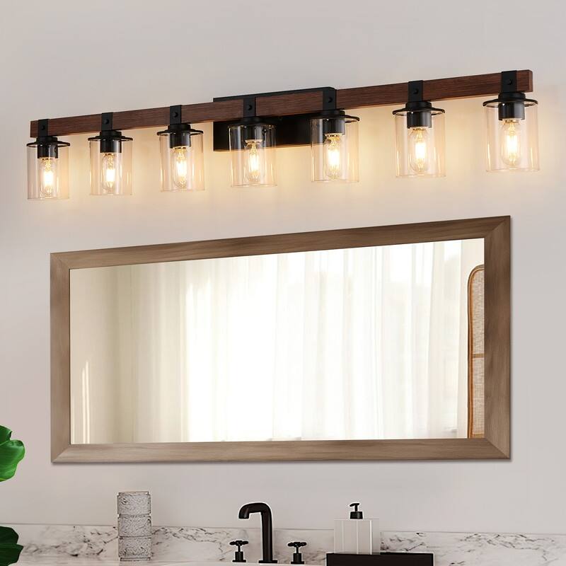 Vanity Light, Industrial Bathroom Wall Sconce with Glass Shades and Wood Accent, Modern Farmhouse Lighting Fixture (No Bulbs)
