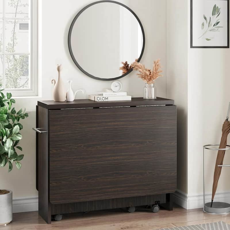Drop Leaf Dining Table with Storage Rack and Wheels for Small Spaces