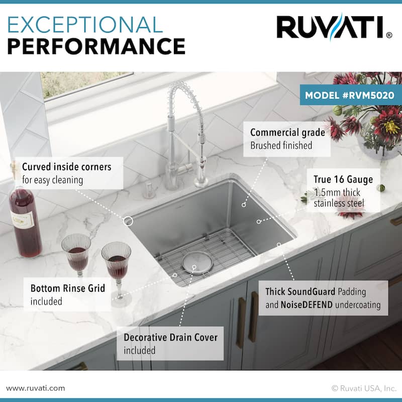 Ruvati 20-inch Undermount Bar Prep Kitchen Sink 16 Gauge Stainless Steel Single Bowl - RVM5020 - 20-1/2″ x 17-3/4″