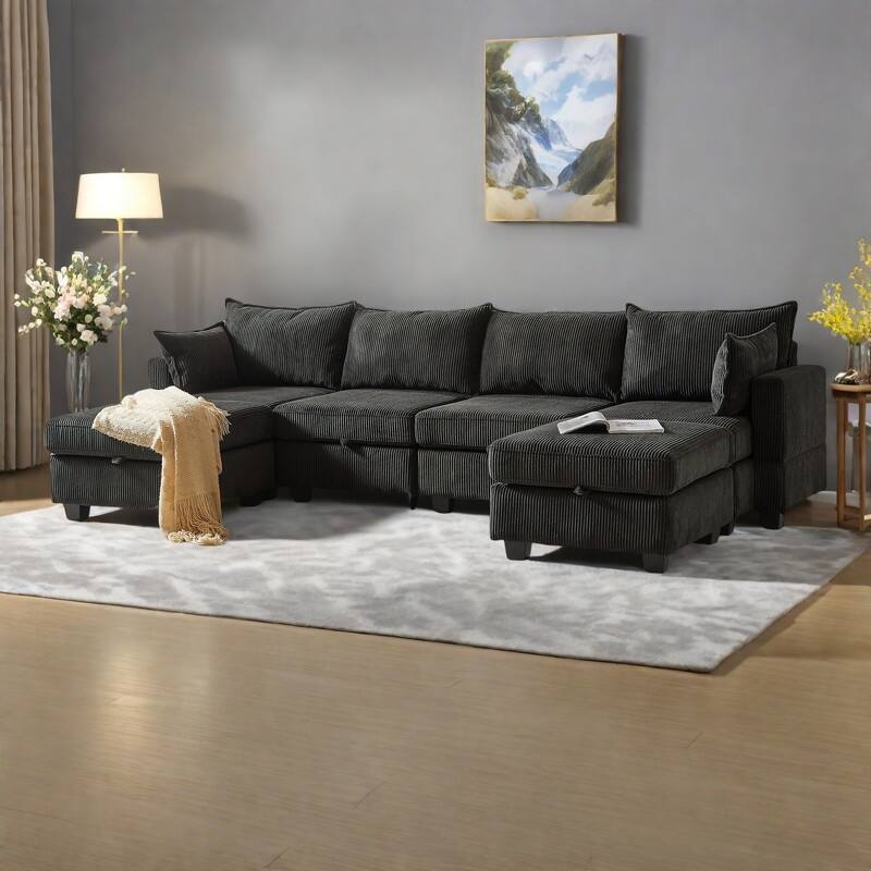 113.5" Corduroy U-Shaped Sectional Sofa with Storage Ottoman, 6-Seat Modular Design and Convertible Chaise - Black