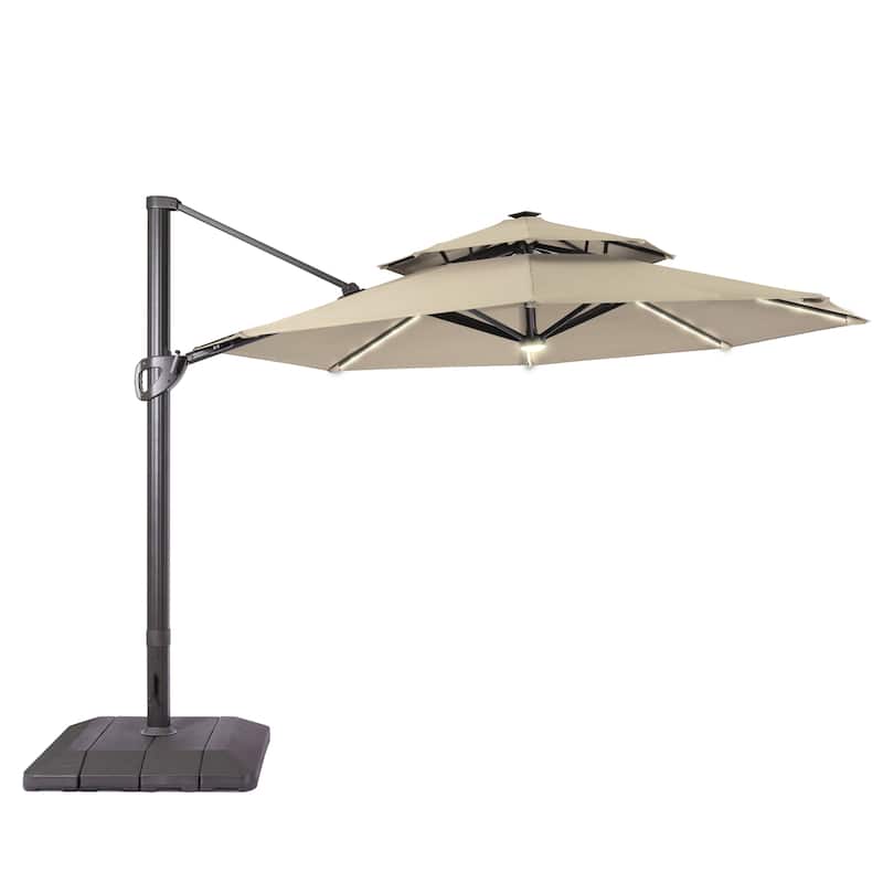 LIVOOSUN 11Ft LED Patio Hanging Double Top Octagon Cantilever Umbrella with 360-degree Rotating Canopy, Red