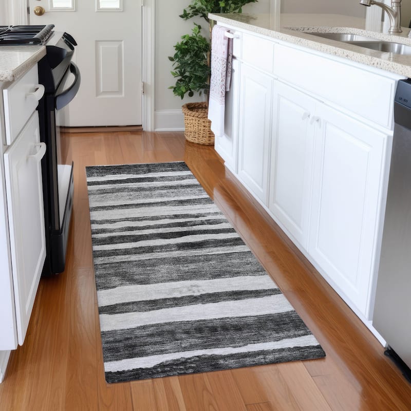 Machine Washable Indoor/ Outdoor Moroccan Stripe Chantille Rug - Charcoal - 2'3" x 7'6"