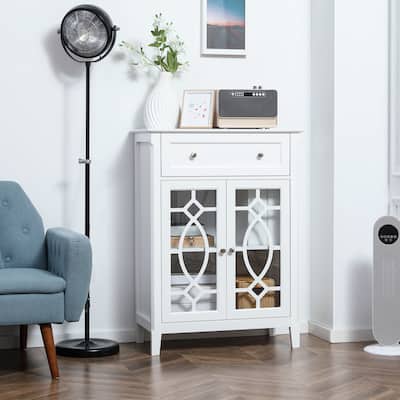 HOMCOM Kitchen Cabinet, Storage Cabinet, Sideboard Floor Accent Cabinet w/ 2 Glass Doors, Drawer & Adjustable Shelves