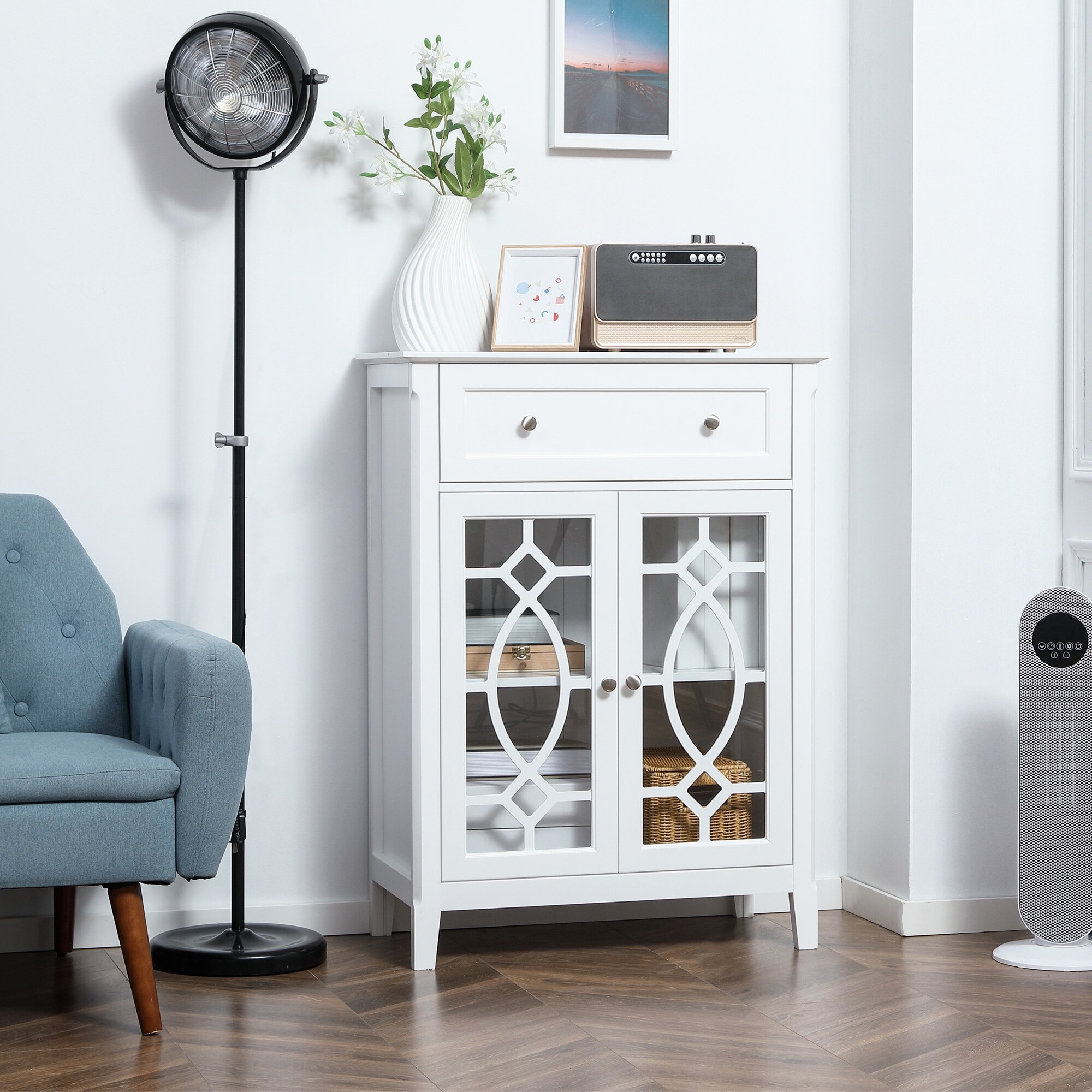 Accent cabinet with glass on sale doors and drawers
