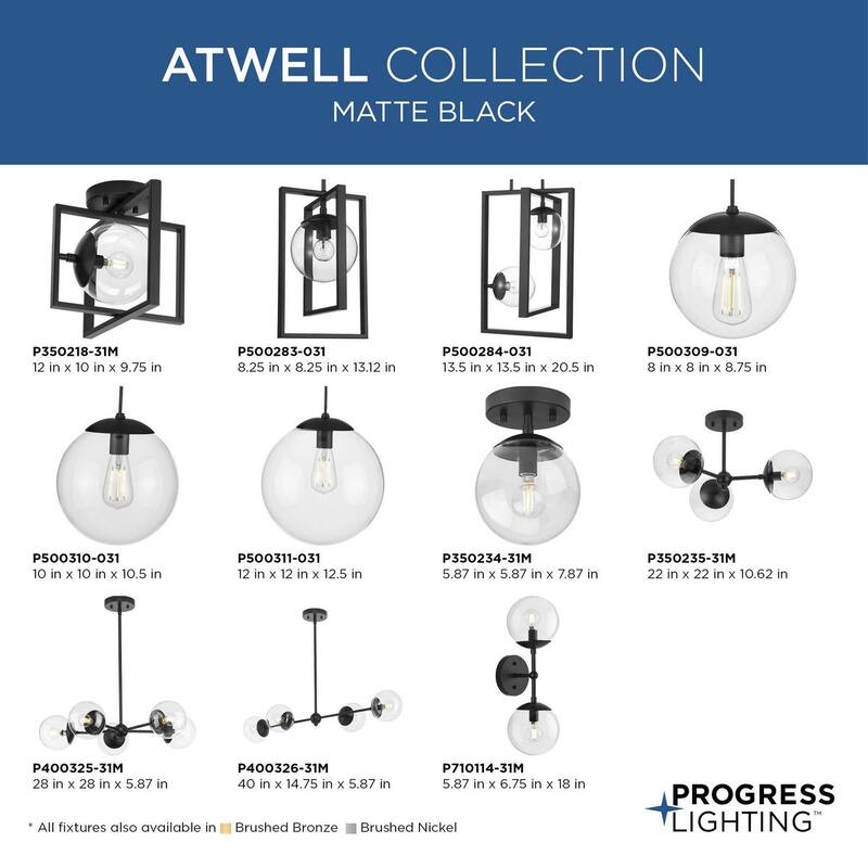 Atwell Collection One-Light Matte Black Mid-Century Modern Semi-Flush Mount - 5.87 in x 5.87 in x 7.87 in
