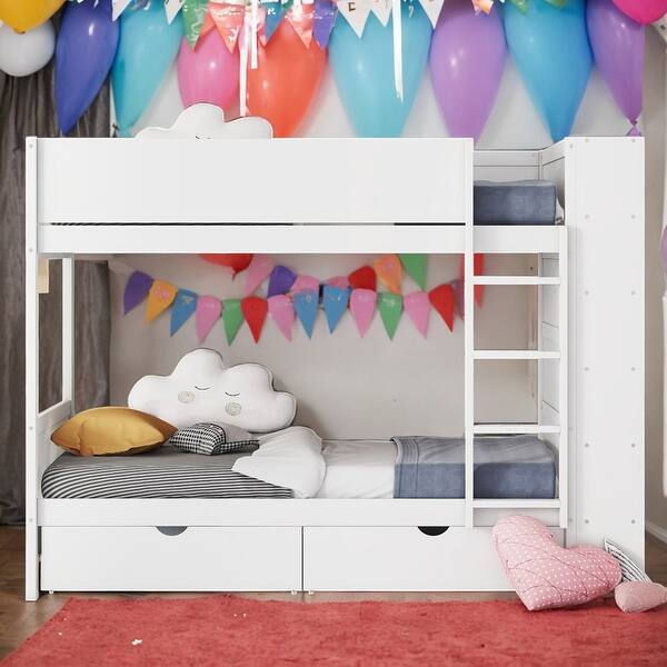 slide 2 of 32, Twin over Twin Multi-function Bunk Bed With 2 Drawers And Multi-layer Cabinet,Solid Construction White