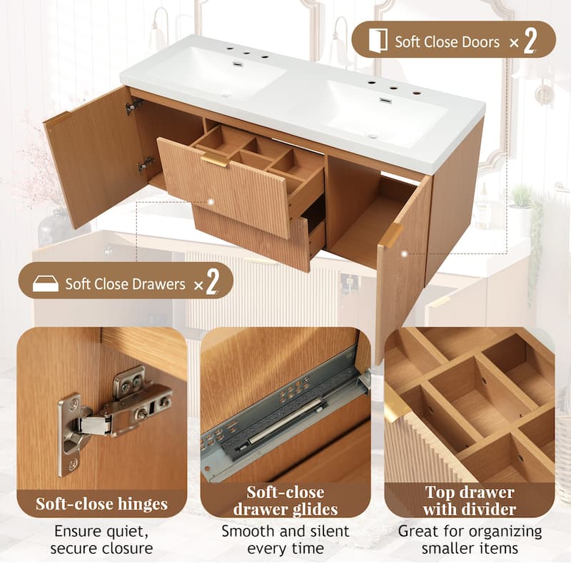 59.3" Double Sink Vanity with SMC Top & Soft-Close Doors, Wall-Mounted Modern Bathroom Storage