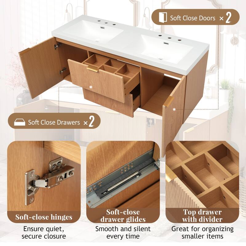 GDFStudio - Mercer Transitional Wall Mounted Bathroom Vanity Cabinet with Double SMC Sink, Soft Close Doors & Drawers