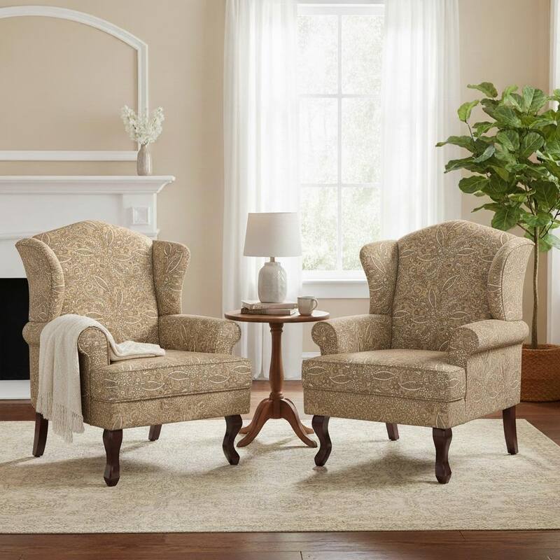 Classic Wingback Accent Chair for Living Room - Set of 2 - Paisley Brown/ Cotton